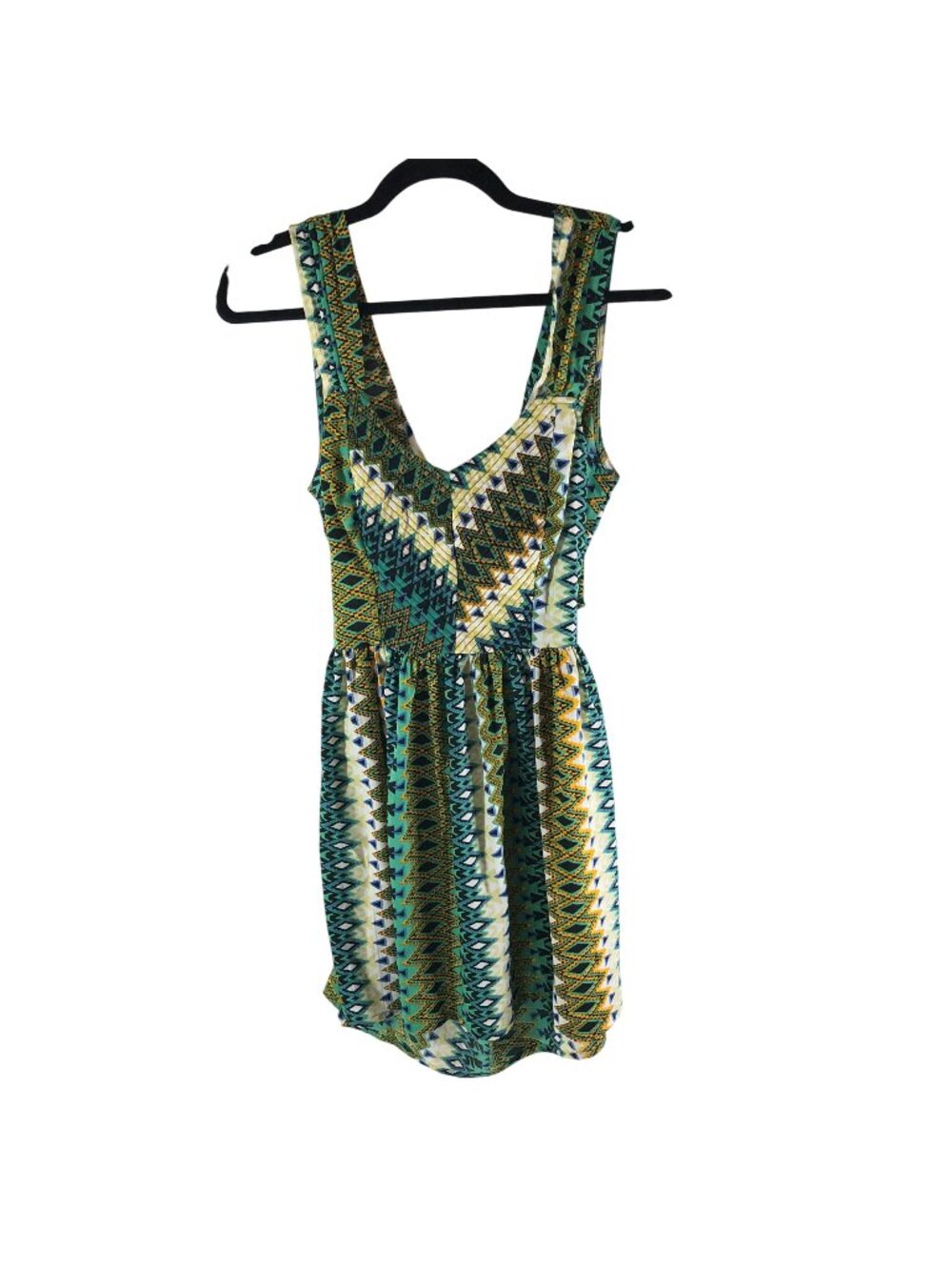 Bar III Sleeveless Geometric Print Mini Dress S Open Back Green Yellow